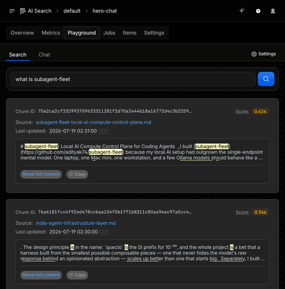 Cloudflare AI Search playground showing retrieved chunks for a live query, each with a relevance score