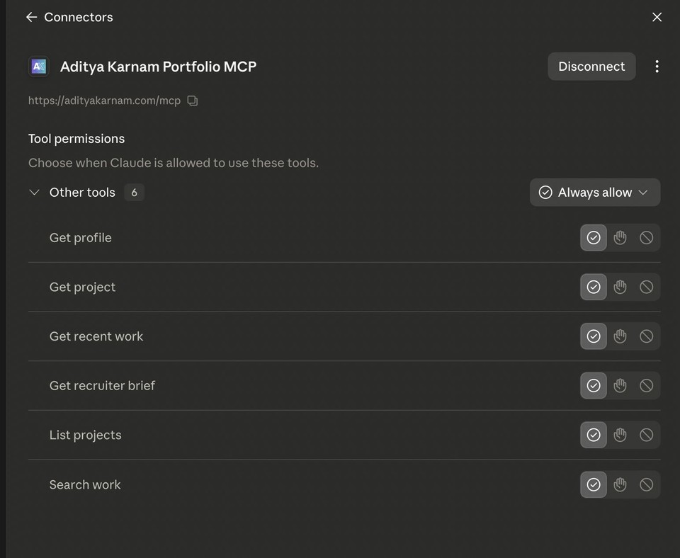 Claude answering "tell me about quecto" by calling the portfolio MCP's get_project tool and returning a structured breakdown with a link to the GitHub repo