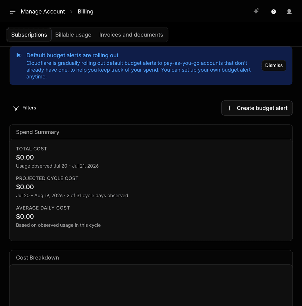 Cloudflare billing showing $0.00 total cost and $0.00 projected cycle cost for the account running this RAG stack