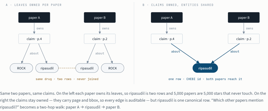Two schemas side by side: on the left each paper owns its entity leaves so the same drug appears as two unjoined rows; on the right claims stay owned per paper but the entity is one shared canonical row that both papers link to